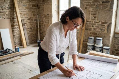 Designer d'intérieur professionnelle examinant des plans architecturaux dans un appartement en rénovation à Rennes