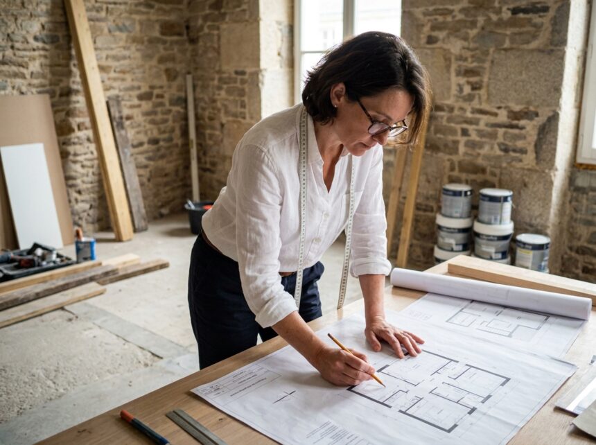 Designer d'intérieur professionnelle examinant des plans architecturaux dans un appartement en rénovation à Rennes