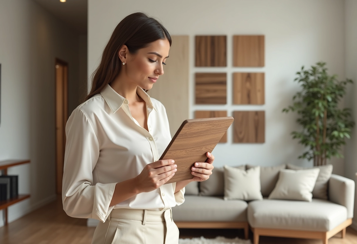 Jeune designer d interieur examinant un panneau de veneer