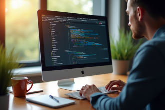 Web designer travaillant sur un ordinateur moderne avec des onglets de domaines