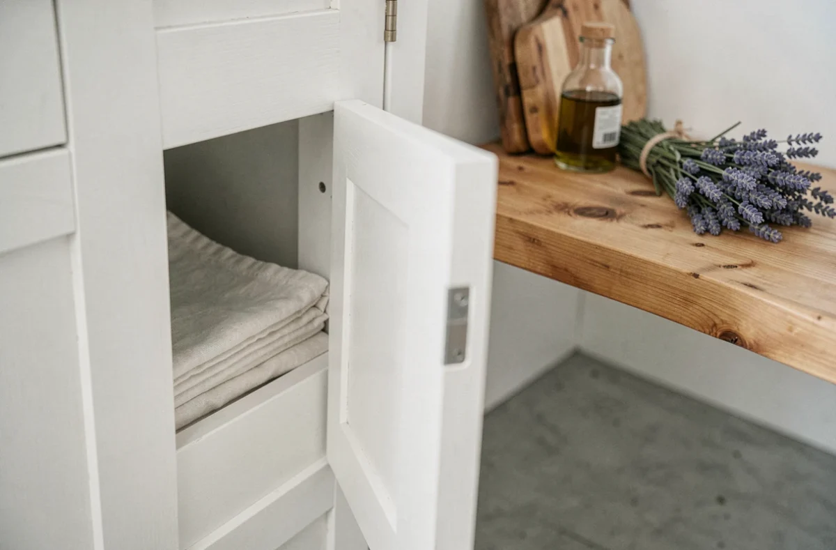 Détail de coin cuisine avec porte de placard blanche et étagère en bois flottante avec accessoires naturels