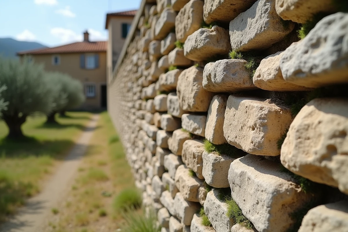 Détail d'un mur en pierre de moellon avec joints de mortier et lichens, typique des constructions rurales françaises