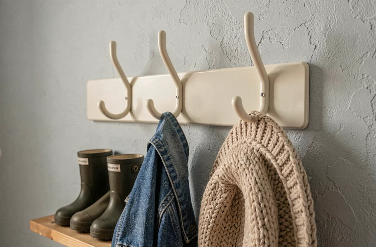 Détail d'un porte-manteau mural en métal blanc avec crochets arrondis sécurisés pour enfant