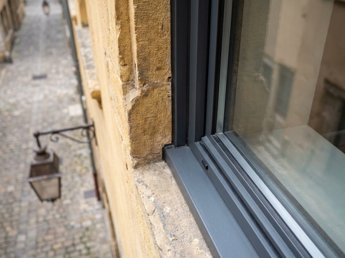Détail en gros plan d'un profilé de fenêtre aluminium anthracite installé sur une façade en pierre dorée à Lyon