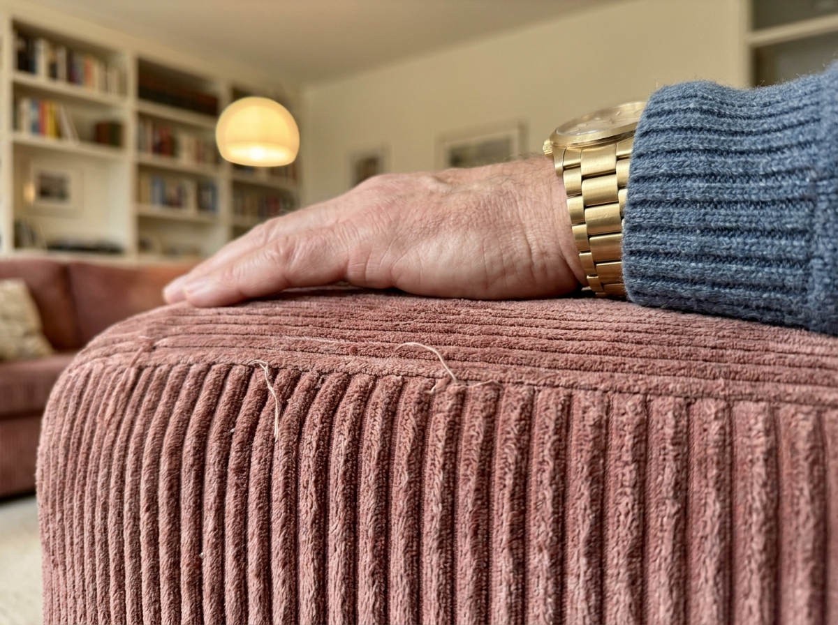 Gros plan sur la texture d'un canapé en velours côtelé rose poudré avec main masculine posée sur l'accoudoir