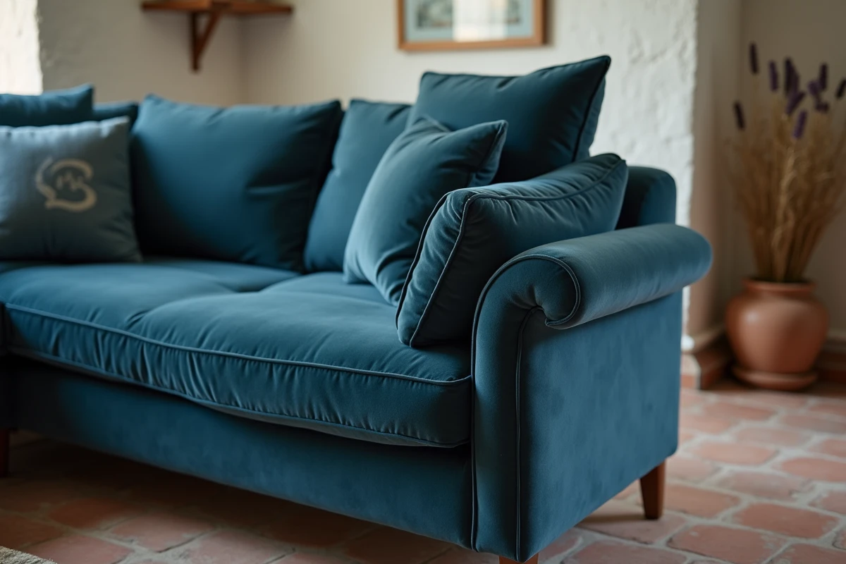 Détail de l'assise et de l'accoudoir d'un canapé d'angle en velours bleu ardoise, qualité Poltron et Sofa