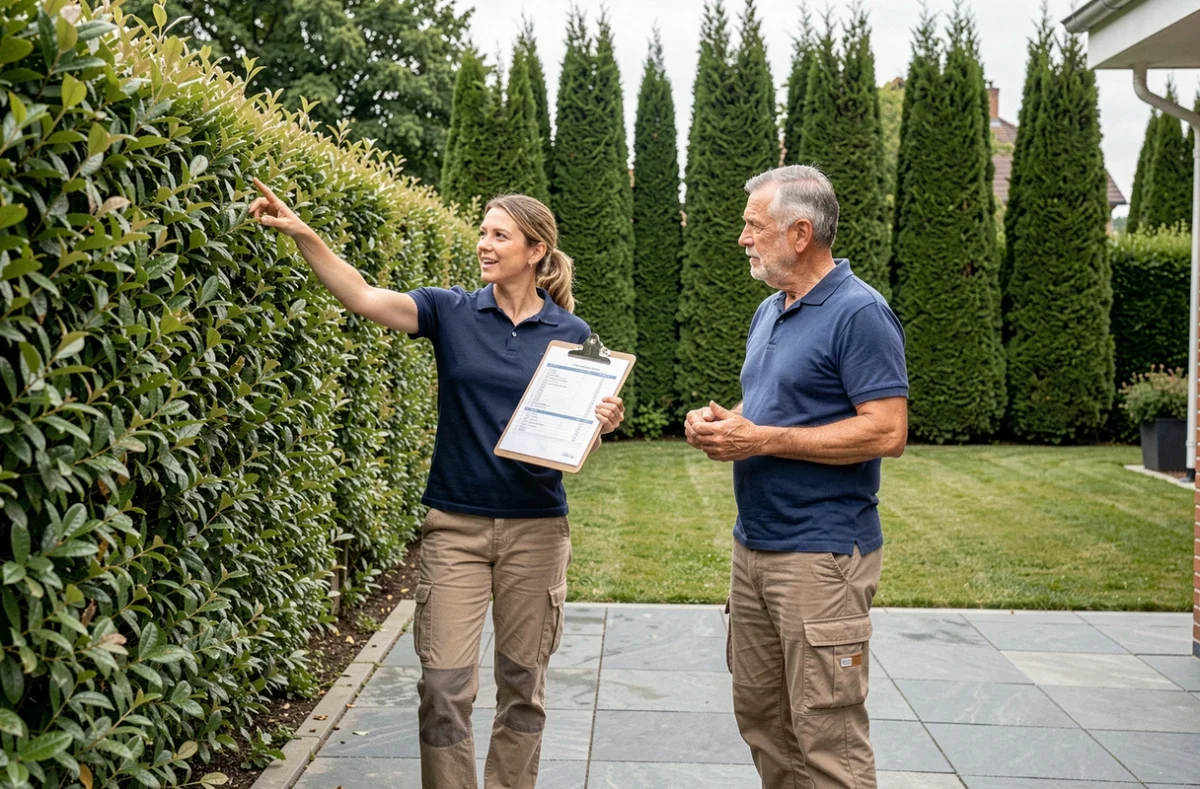 Conseillère en élagage présentant un devis à un propriétaire dans un jardin des Yvelines