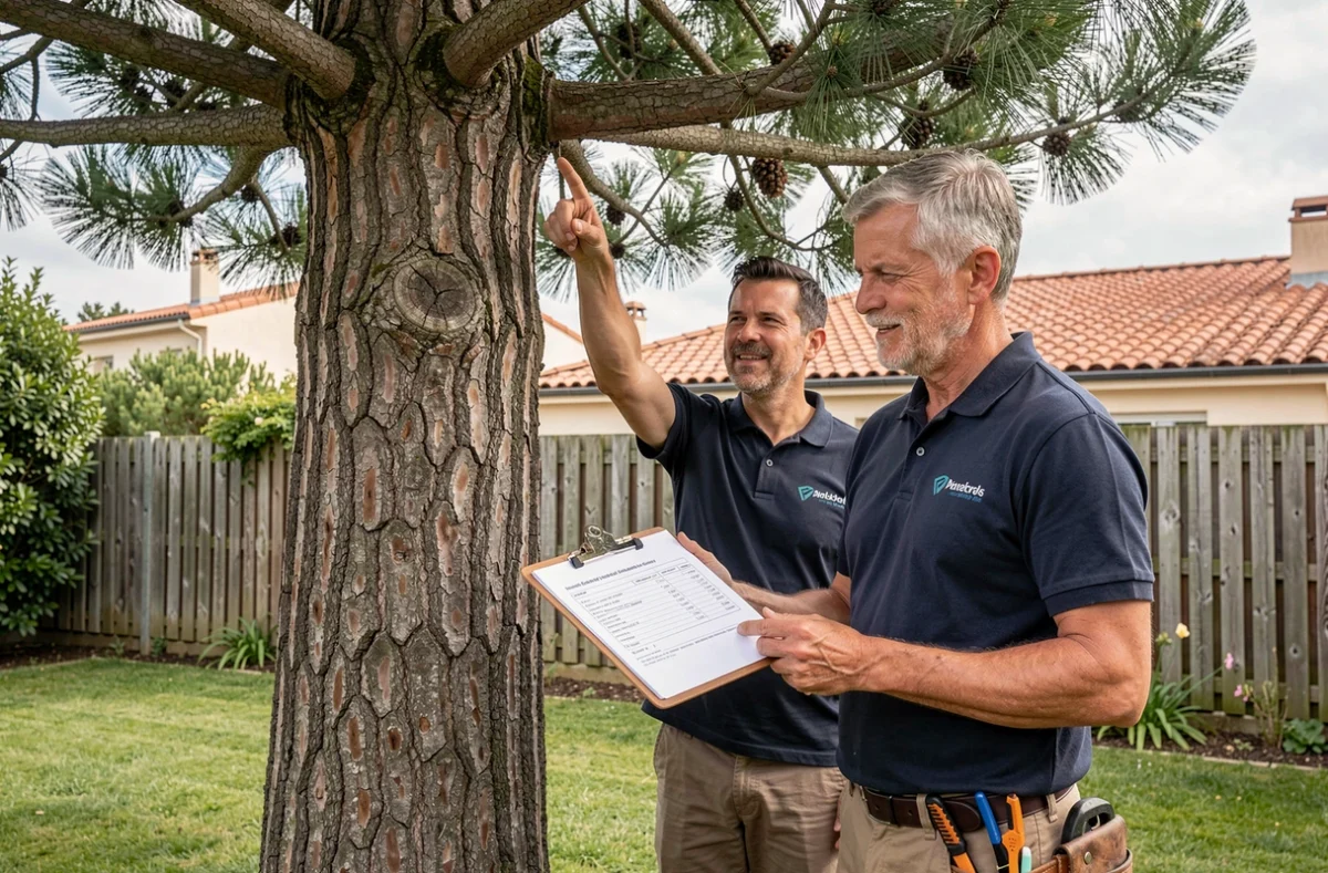 Deux arboristes discutant d'un devis d'élagage devant un grand pin dans un jardin pavillonnaire à Pau