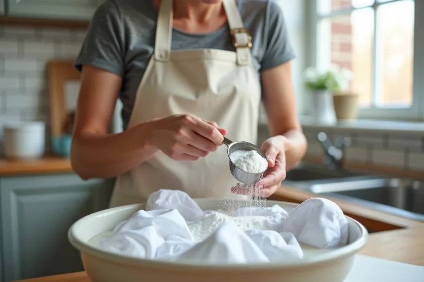 Femme dosant de la poudre détergente pour blanchir du linge blanc devenu gris dans un bac à trempage