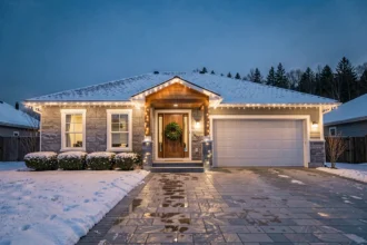 Maison contemporaine décorée de guirlandes lumineuses blanches pour Noël 2026, façade en pierre sous la neige au crépuscule