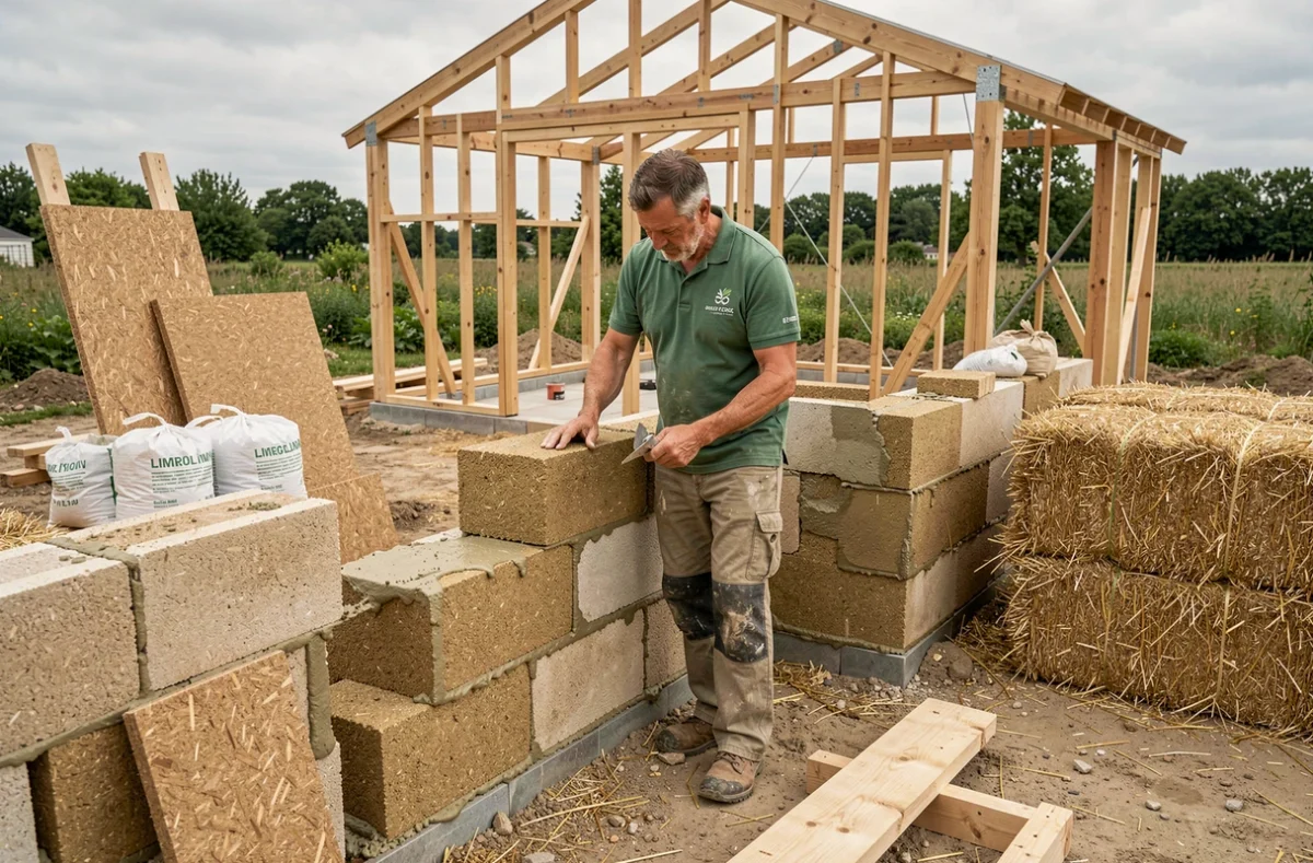 Artisan d'Éco Maçonnerie 85 posant des blocs de chanvre-chaux sur un chantier de construction écologique en Vendée