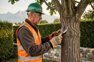 Arboriste professionnel en train d'élaguer un chêne de taille moyenne dans un jardin résidentiel à Pau avec les Pyrénées en arrière-plan