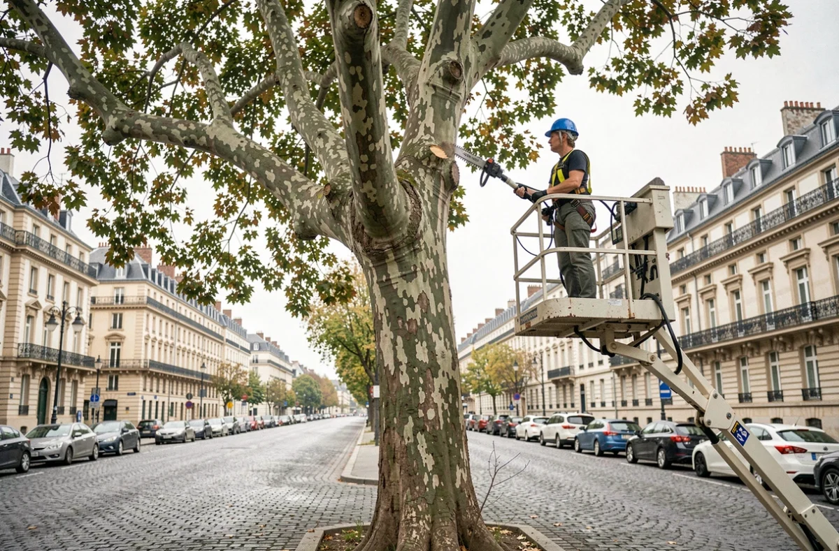 Élagage d'un grand platane en milieu urbain à Pau depuis une nacelle élévatrice sur un boulevard avec bâtiments haussmanniens