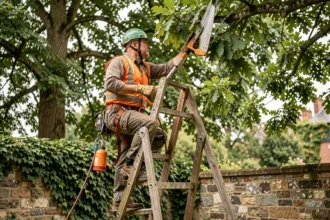 Élagueur professionnel travaillant sur un chêne dans un jardin résidentiel des Yvelines avec équipement de sécurité