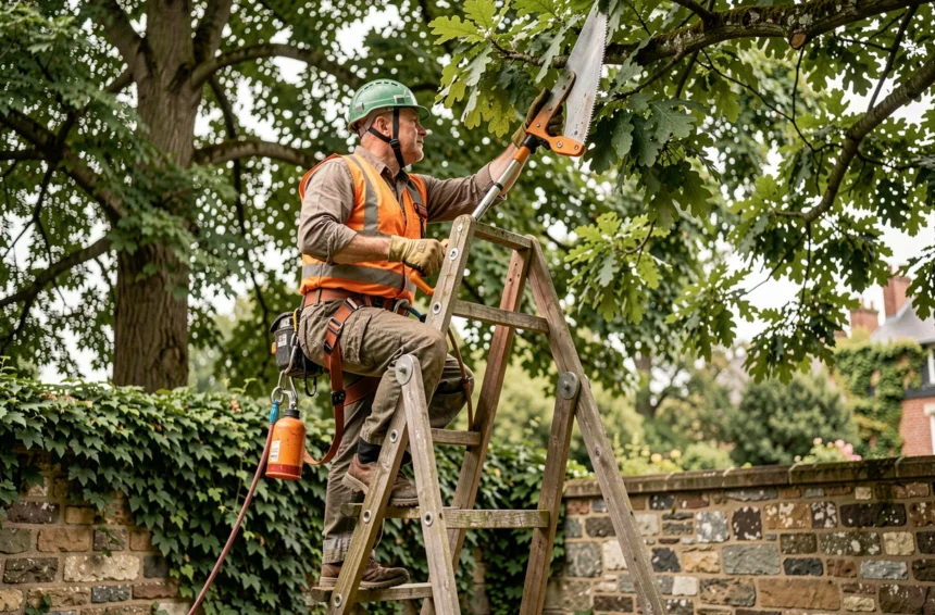Élagueur professionnel travaillant sur un chêne dans un jardin résidentiel des Yvelines avec équipement de sécurité