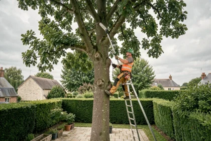Élagueur professionnel en tenue de sécurité taillant un grand chêne dans un jardin résidentiel à Orvault