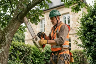 Élagueur professionnel en train d'élaguer un grand chêne dans un jardin résidentiel à Rennes