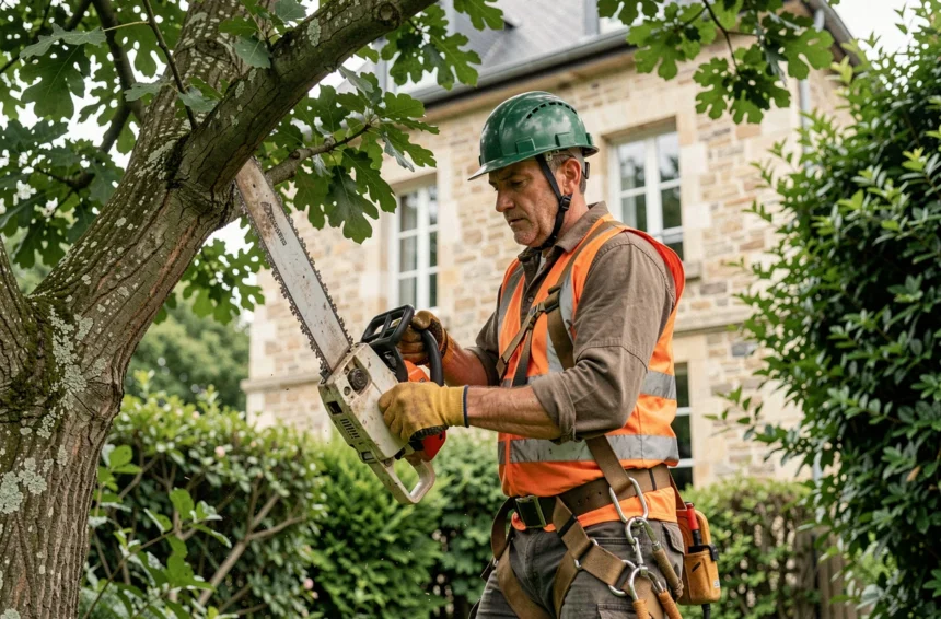 Élagueur professionnel en train d'élaguer un grand chêne dans un jardin résidentiel à Rennes