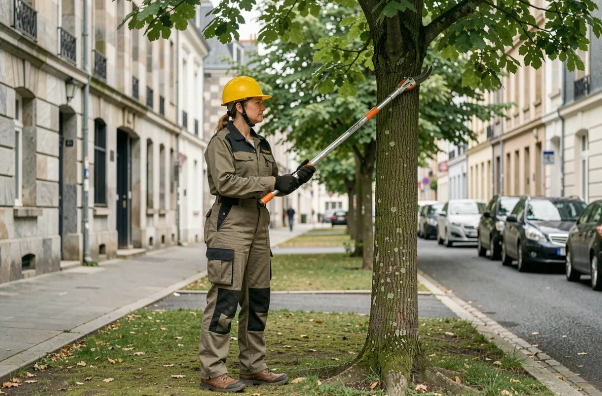 Élagueuse utilisant une perche élagueuse sur un arbre en milieu urbain à Rennes