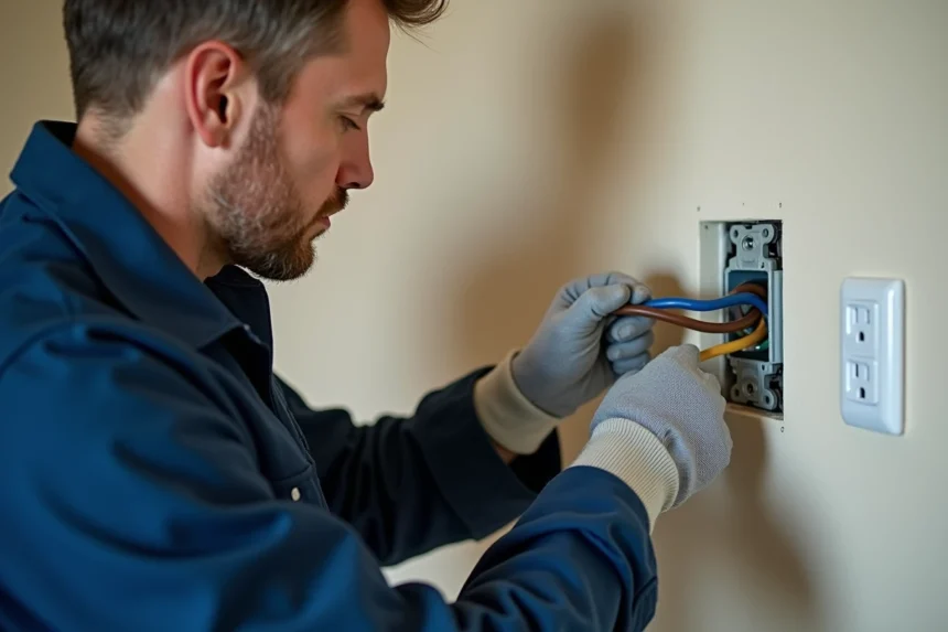 Électricien professionnel en train de brancher une prise électrique 3 fils sur un mur intérieur