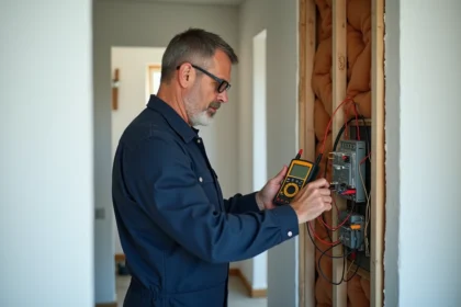 Électricien vérifiant câblage électrique dans maison en rénovation