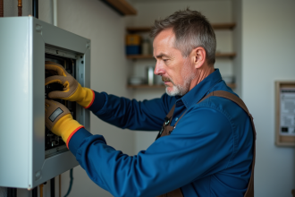 Electricien inspectant un tableau électrique en intérieur
