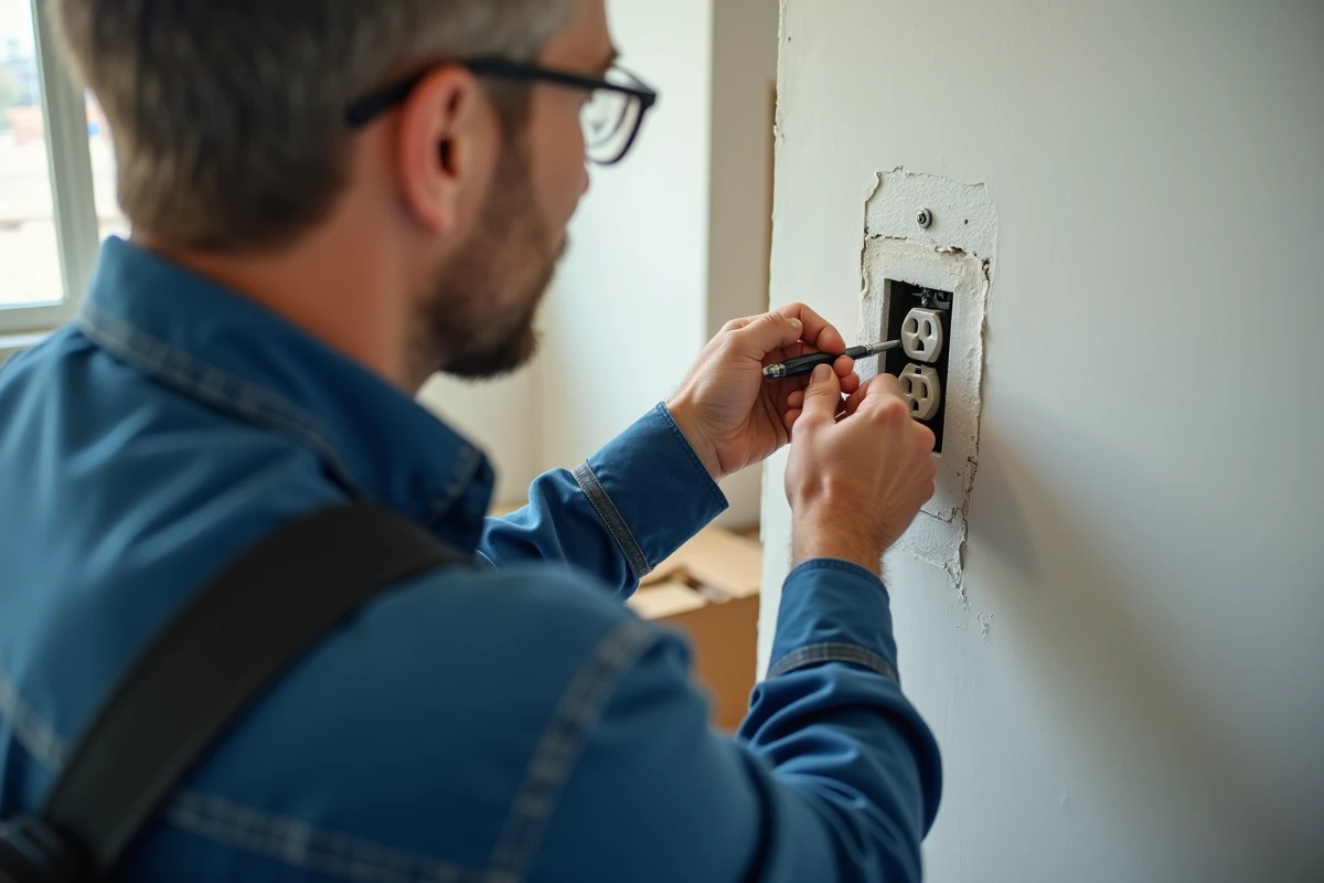 Électricien installant une prise double Legrand Dooxie dans une boîte encastrée lors de travaux de rénovation intérieure