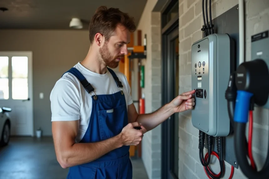 Électricien homme inspectant un panneau électrique dans un garage moderne