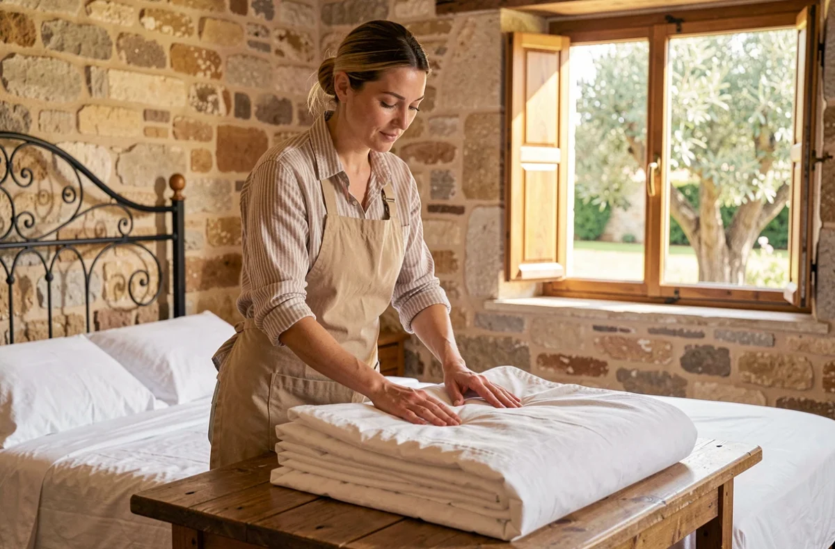 Employée de maison pliant du linge propre dans une chambre provençale ensoleillée à Draguignan