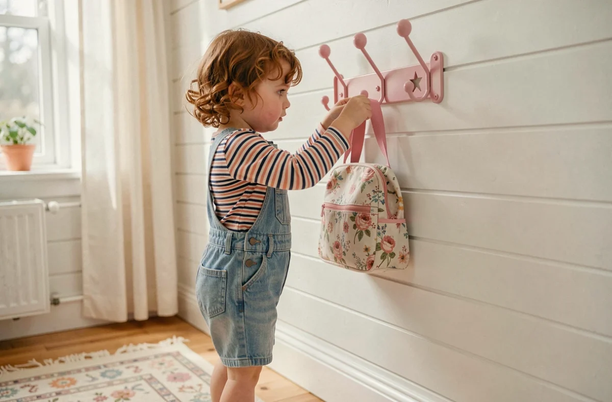 Petite fille accrochant son sac à un porte-manteau mural en métal rose à hauteur enfant dans sa chambre