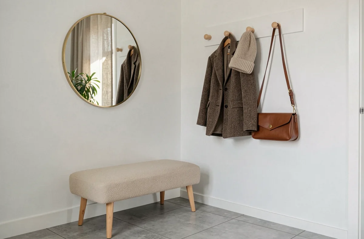Entrée scandinave avec porte-manteau blanc minimaliste, miroir rond à cadre doré et banc en tissu bouclé crème