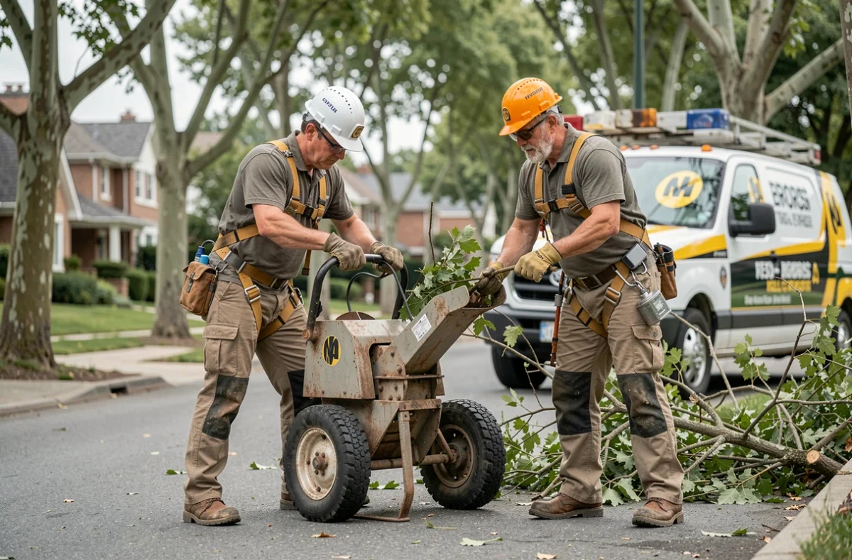 Deux élagueurs utilisant un broyeur de branches dans une rue résidentielle lors d'un chantier d'élagage