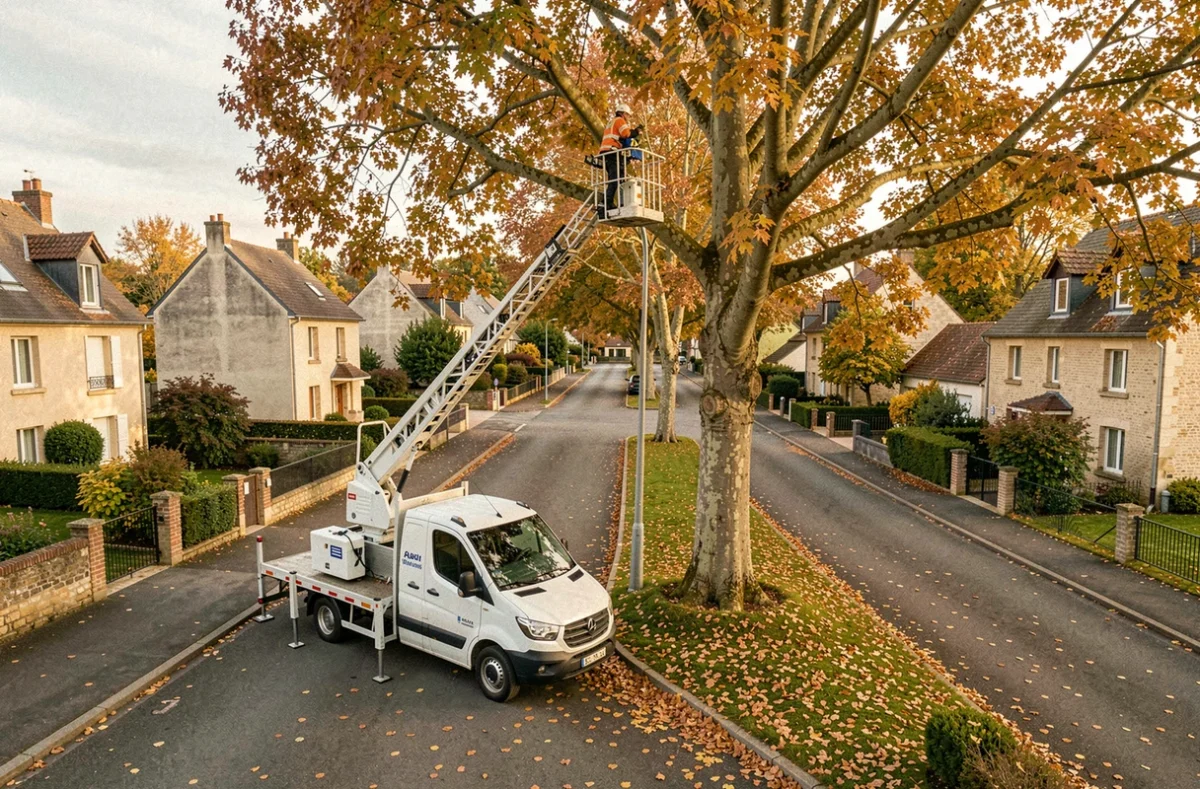 Équipe d'élagage avec nacelle élévatrice travaillant sur un platane dans une rue résidentielle des Yvelines en automne