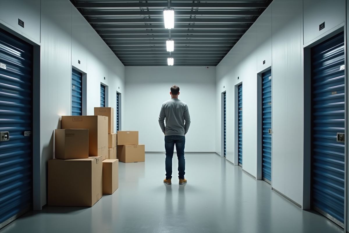 Espace de stockage vide avec personne pour échelle et cartons