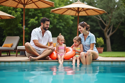 Famille souriante autour de la piscine en été