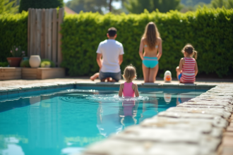 Famille avec enfants près de la piscine dans le jardin