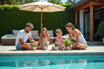 Famille souriante autour de la piscine dans le jardin