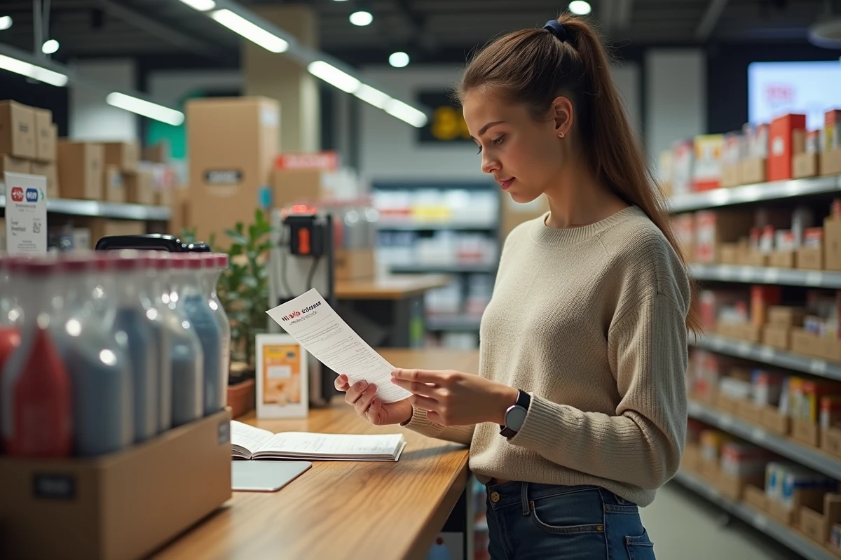 Jeune femme lisant un reçu avec un pack Ni Vis Ni Clou en magasin