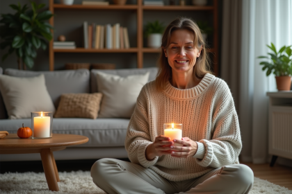 Femme en pull allumant une bougie dans un salon chaleureux