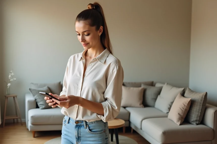 Femme utilisant une application de décoration sur smartphone dans un appartement meublé en location avec sol en chêne clair
