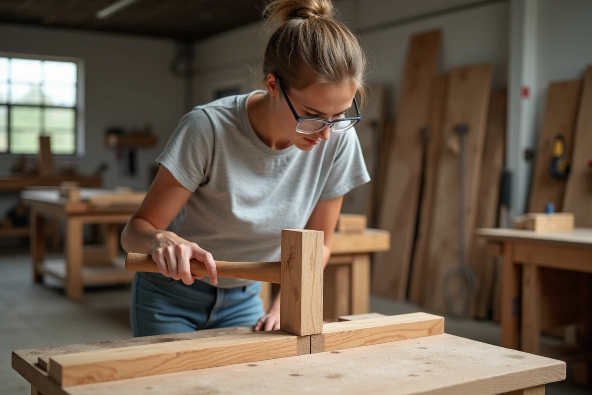 Jeune femme assemblant un tenon dans une mortaise au maillet dans un atelier de menuiserie partagé, technique d'assemblage bois