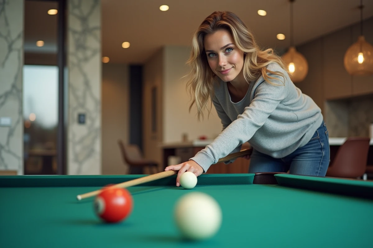 Femme en sweater jouant au billard dans un espace moderne