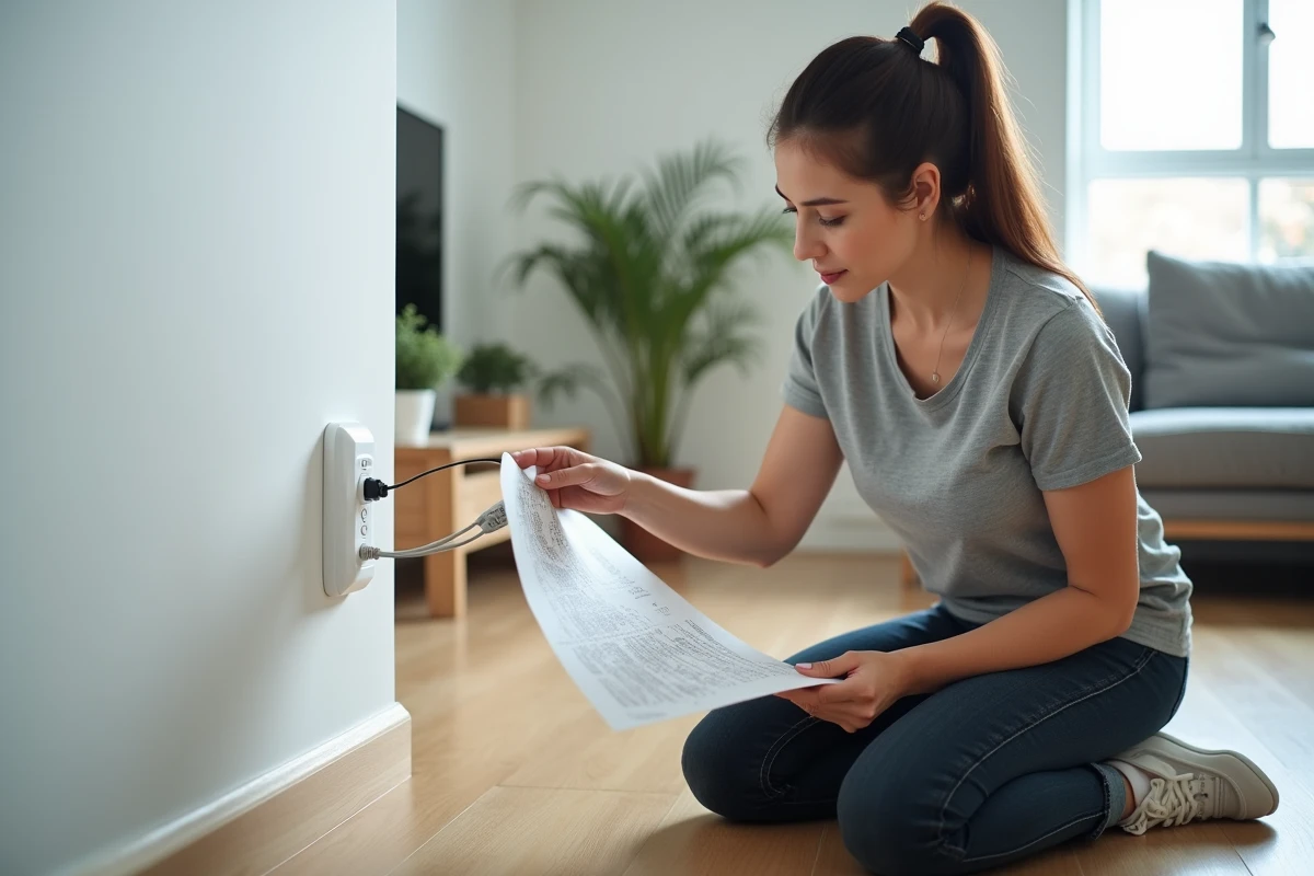 Femme consultant un schéma électrique avant de brancher elle-même une prise 3 fils dans un salon moderne