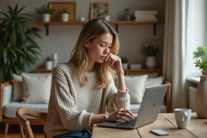 Femme concentrée sur un site de décoration intérieure