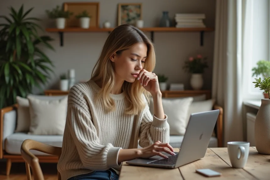 Femme concentrée sur un site de décoration intérieure