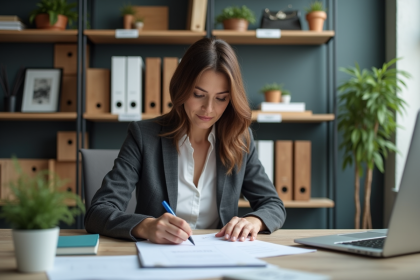 Femme d affaires au bureau mettant à jour une liste d inventaire