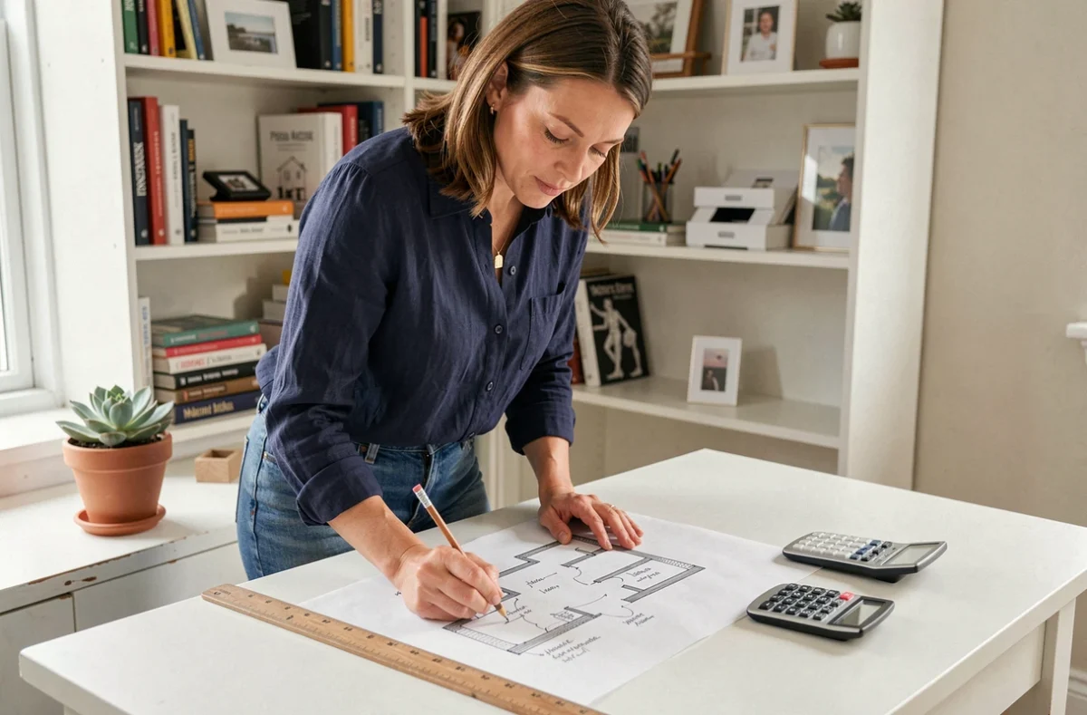 Femme calculant les mètres carrés d'un appartement sur un plan architectural fait main avec règle et calculatrice