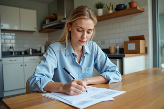 Jeune femme remplissant un formulaire de changement d'adresse à la maison