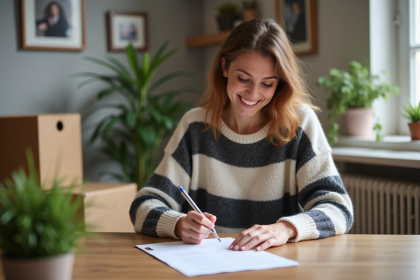 Femme souriante remplissant un formulaire de changement d'adresse