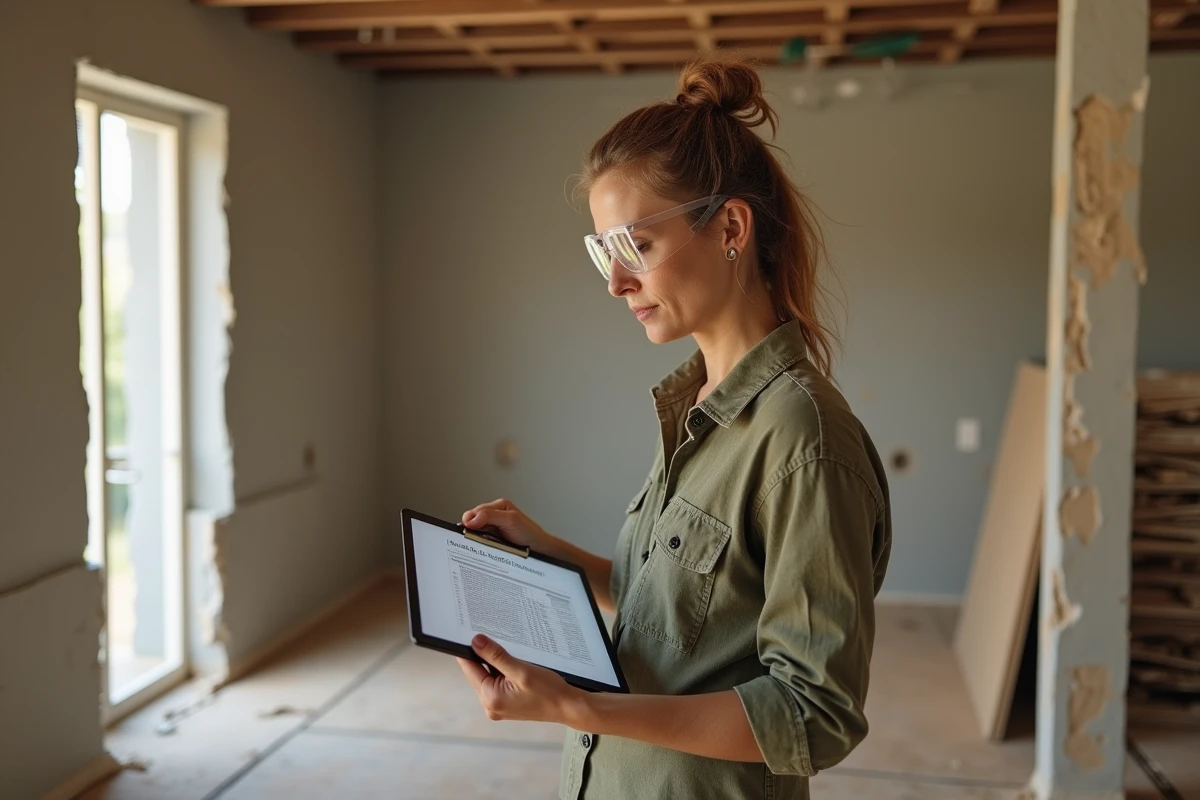 Femme cheffe de chantier consultant un article de blog Fizeo sur tablette pour comparer les coûts de travaux
